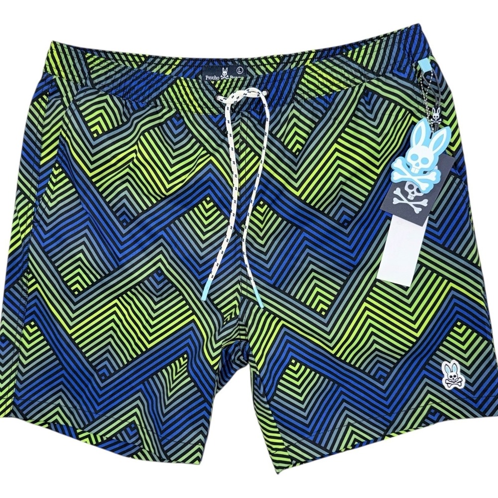 Psycho Bunny Mens Size Large Blue Green Zig Zag Stripe Mesh Lined Board Shorts